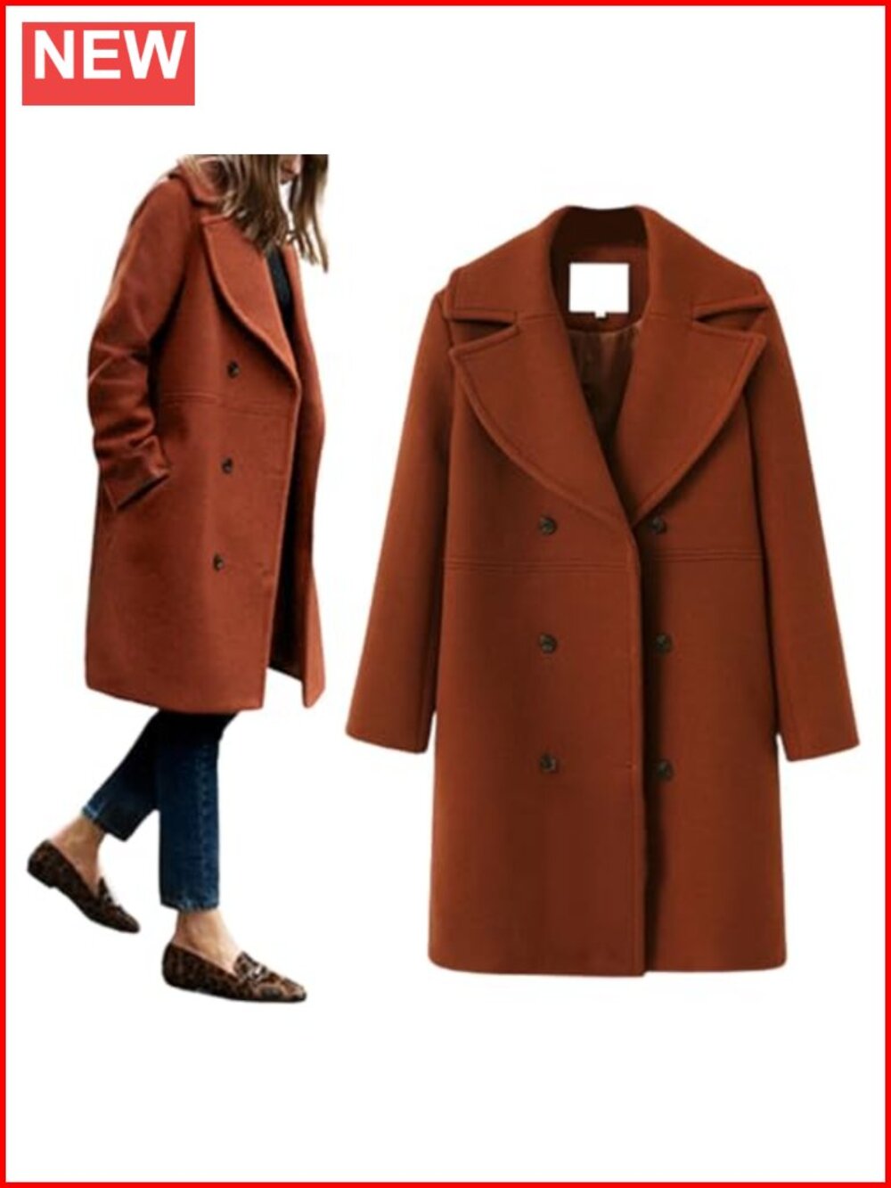Women's Wool Blend Pea Coat Notch Lapel Double Breasted Long Sleeve Winter